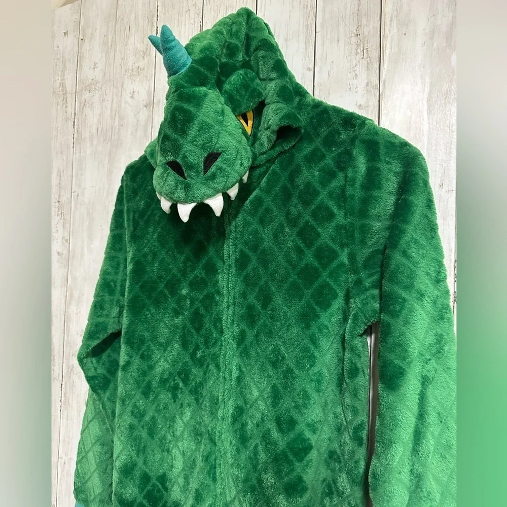 Boys Green Dinosaur Hoodie One Piece Pajamas Dragon/Halloween Costume Size L